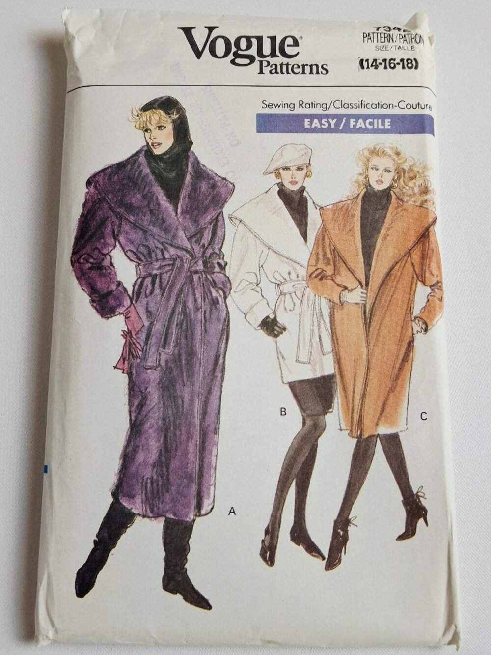 Vogue 7342 Sz 14-18 Lined Wrap Coat Pattern Uncut For Sewing